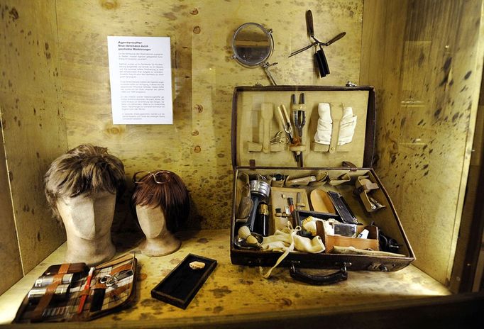 An original east German camouflage suitcase is on display at the new spy museum in Oberhausen, Germany, Monday, April 30, 2012. The exhibition "Top Secret" explains the work of secret services and shows unique original details from the Russian KGB, the CIA and the east German STASI during the cold war. (AP Photo/Martin Meissner)