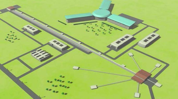 Představa areálu budoucího obřího zdroje neutronů. Dva zdroje protonů (vlevo nahoře) vysílají tyto částice do lineárního urychlovače, který je urychlené navádí na cíl (v budově vpravo dole), tvořený ideálně kapalnou rtutí. Nárazy protonů uvolňují intenzivní proudy neutronů nasměrovaných do pokusných komor (radiálně rozmístěných kolem "cílové" budovy). Tam neutrony pronikají do zkoumaných materiálů.