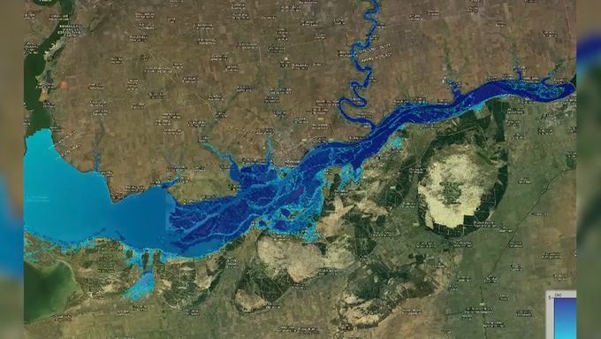 Grafický model ukazující zaplavená města při odpálení Kachovské přehrady