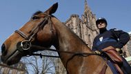 Policista na koni před štrasburskou katedrálou.
