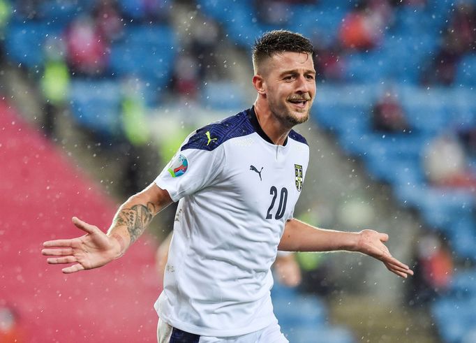 Soccer Football - Euro 2020 Qualification Play off - Norway v Serbia - Ullevaal Stadion, Oslo, Norway - October 8, 2020  Serbia's Sergej Milinkovic-Savic celebrates scori