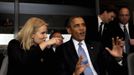 U.S. President Barack Obama (R) talks with Denmark's Prime Minister Helle Thorning-Schmidt