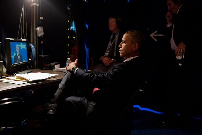 Sept. 5, 2012 "Backstage at the Democratic National Convention, the President watches as former President Bill Clinton delivers his nomination speech, before surprising the crowd with an onstage appearance together after the speech."