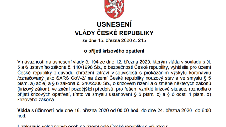 Dokument: Usnesení vlády k zákazu volného pohybu osob. Jaké výjimky z karantény platí