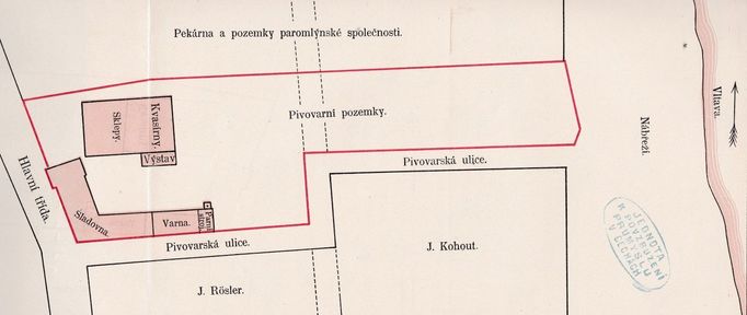 Budovy smíchovského pivovaru ležely v těsné blízkosti nemovitostí jednoho z otců zakladatelů – Jana Kohouta. Plánek s uspořádáním do roku 1870.