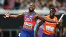 Noah Lyles při doběhu zlaté americké štafety na 4x100 metrů na MS v Tokiu 2025.