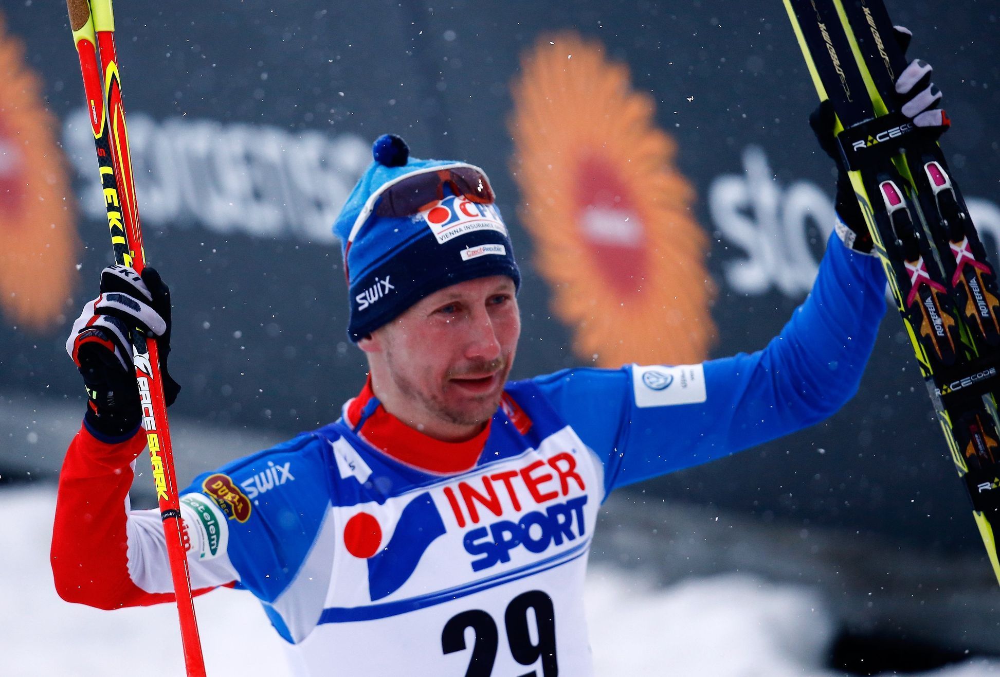 Bauer of the Czech Republic poses after the men's cross country 50 km mass start classic race at the Nordic World Ski Championships in Falun