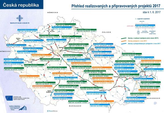 Mapa oprav na českých silnicích a dálnicích v létě 2017