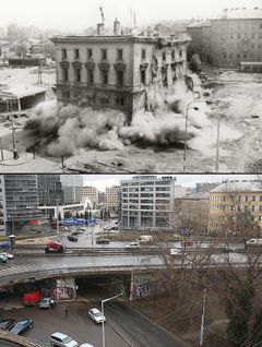 Borovička souhlasil s demolicí nádraží Těšnov. Na snímku bourání v roce 1985 a současná podoba místa.