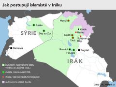 Mapa, znazorňující přibližně oblasti, ovládané Islámským státem v Iráku a Sýrii.