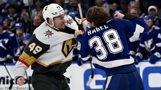 Dec 21, 2023; Tampa, Florida, USA; Tampa Bay Lightning left wing Brandon Hagel (38) and  Las Vegas Golden Knights center Ivan Barbashev (49) fight in the second period at