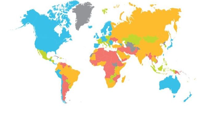 Mapa ukazuje, jak si jednotlivé země vedou v indexu ekonomické svobody.