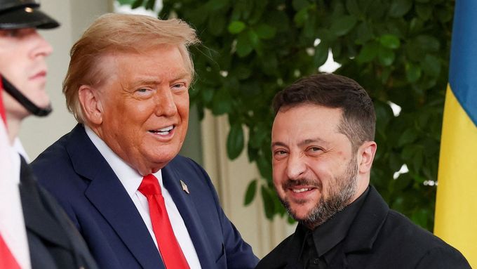 U.S. President Donald Trump greets Ukrainian President Volodymyr Zelenskiy at the White House, amid negotiations to end the Russian war in Ukraine, in Washington, D.C., U