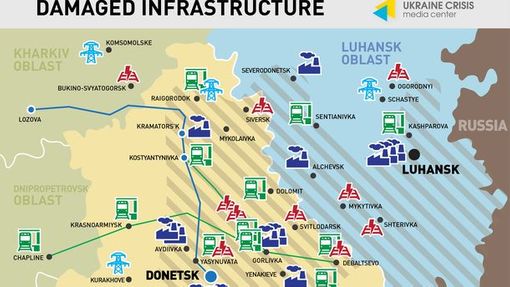 List Kyiv Post zveřejnil mapu silnic, továren, železničních tratí a další infrastruktury na východě Ukrajiny.