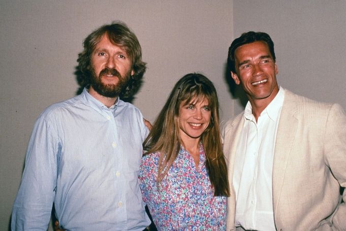 James Cameron, Linda Hamilton a Arnold Schwarzenegger v roce 1984.