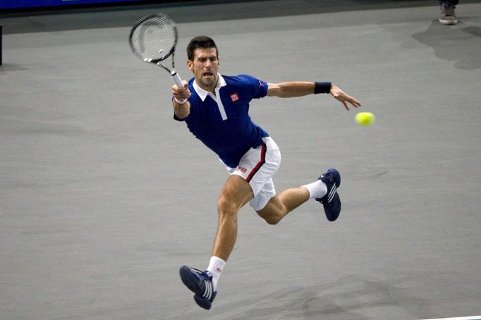 Novak Djokovič na turnaji v Paříži proti Tomáši Berdychovi