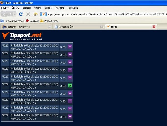 Takto vypadá tiket sázejícího, který si vsadil u Tipsportu na internetu.