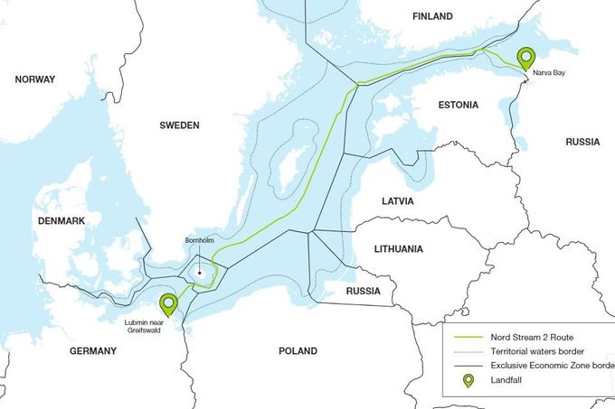 Trasa plynovodu Nord Stream 2.