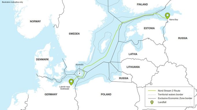 Trasa plynovodu Nord Stream 2.