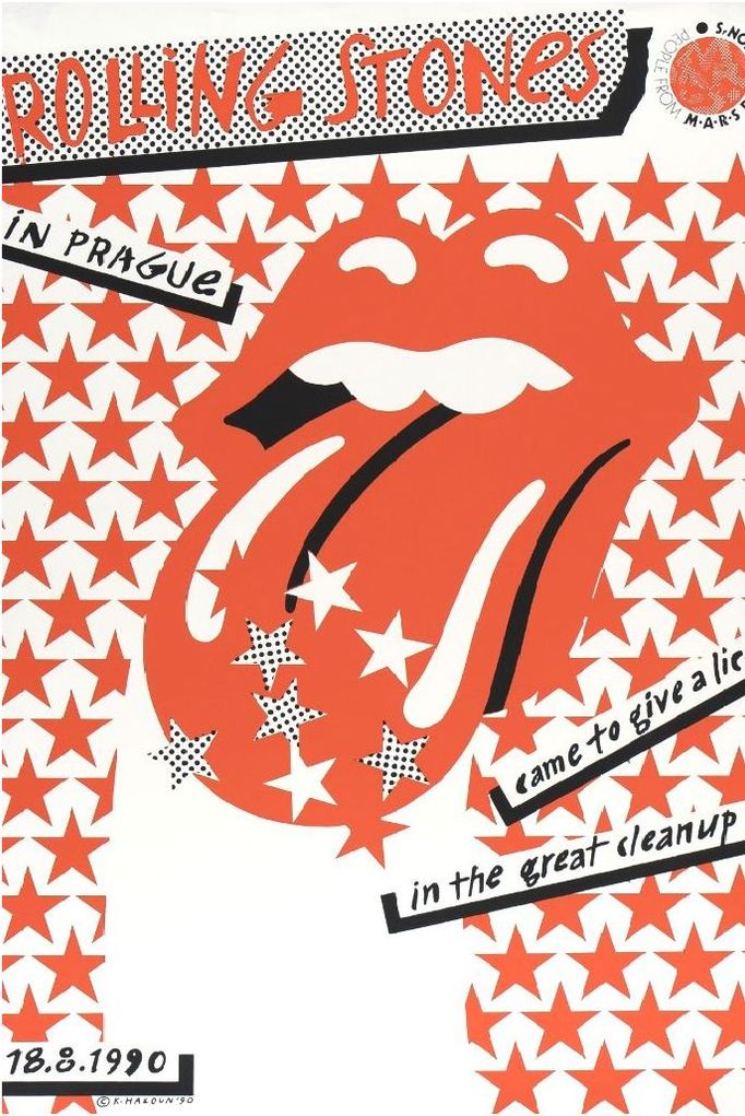 Plakát na koncert legendární rockové skupiny Rolling Stones, který proběhl v Praze v roce 1990.