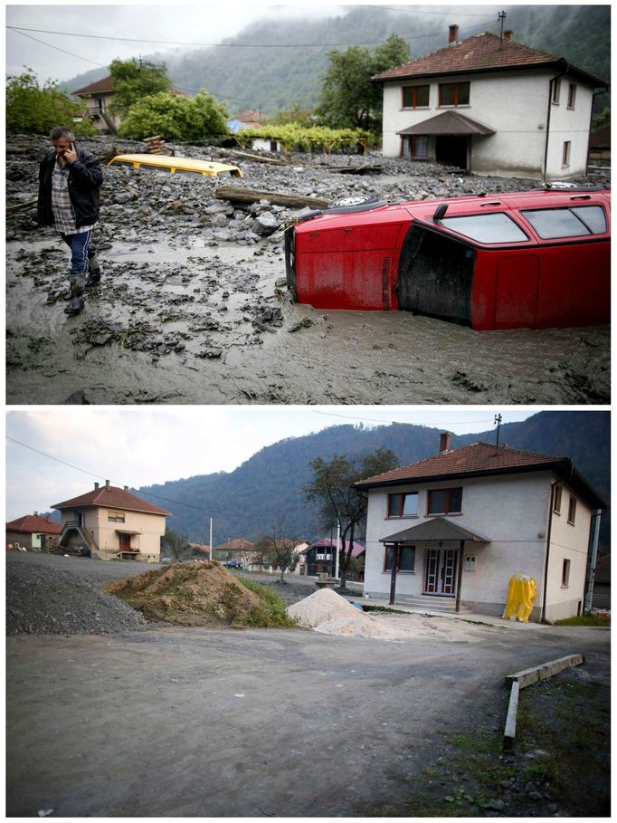 Bosna povodně 2014. Asim Skopljak telefonuje když jde okolo auta uvíznutého v naplaveninách - 16.května 2014 (nahoře). Stejné místo zachycené 8.října 2014 (dole).