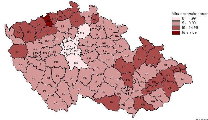 Míra nezaměstnanosti v krajích (k 30. červnu 2009)