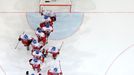 REFILE - CORRECTING BYLINE Czech Republic national team players celebrate after defeating France during their Ice Hockey World Championship game at the O2 arena in Prague