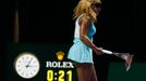 Serena Williams of the U.S. walks off the court with her second broken racquet during her WTA Finals singles semi-finals tennis match against Caroline Wozniacki of Denmar