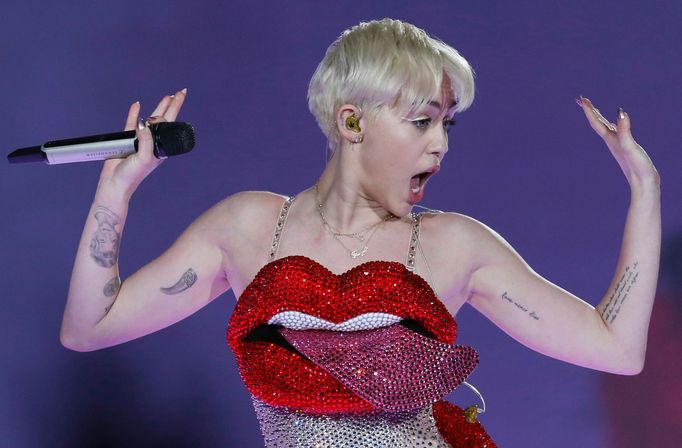 U.S. singer Miley Cyrus performs at the O2 Arena in central London