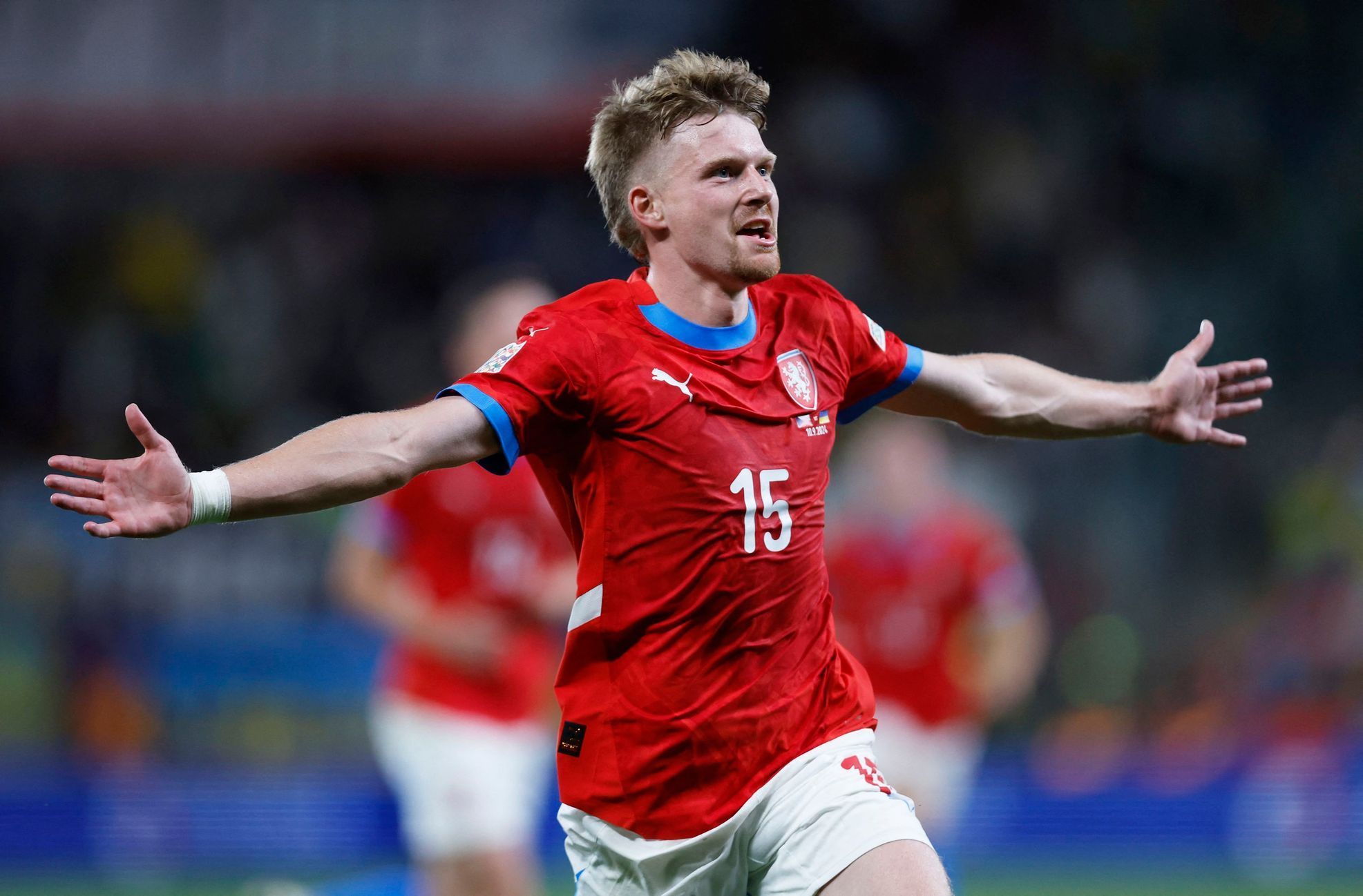 Pavel Šulc slaví gól v zápase Ligy národů Česko - Ukrajina