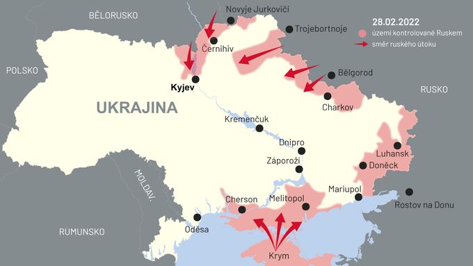 Mapa Ukrajiny se zaznačeným územím pod kontrolou ruské armády.