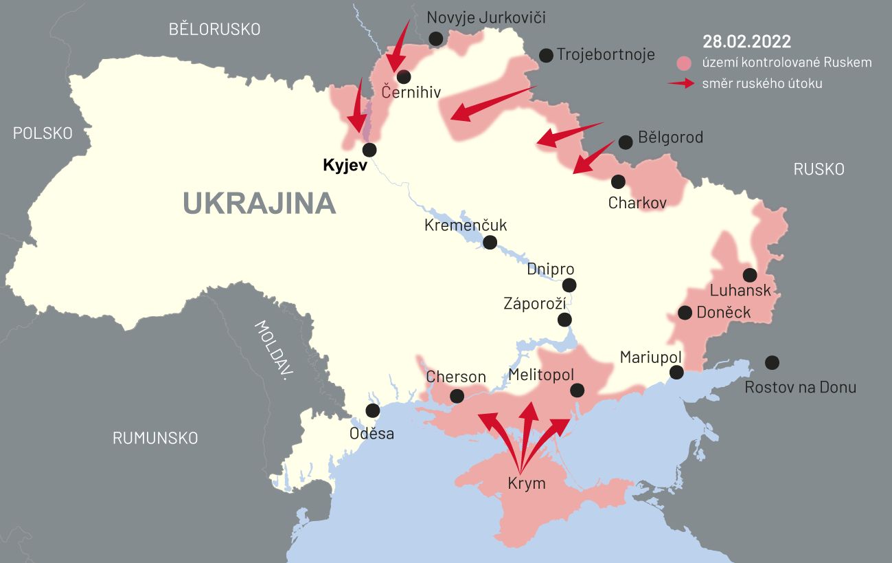 28. února 2022: Mapa bojů na Ukrajině