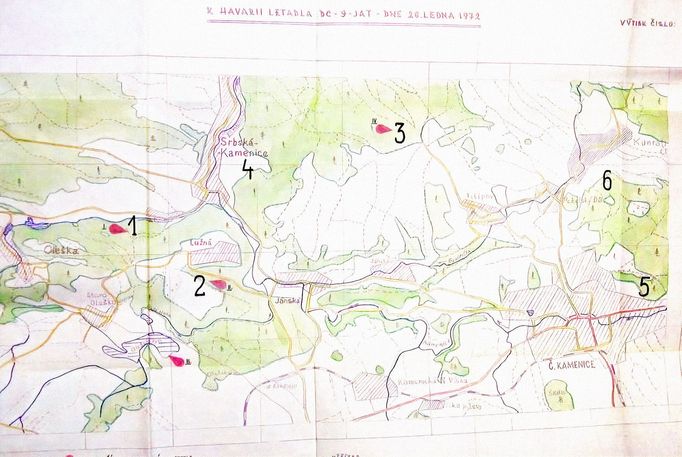 Situacni nakres dopadu hlavnich casti letadla