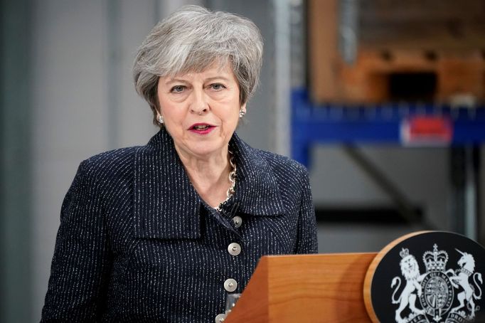 Britská premiérka Theresa Mayová při projevu ve východoanglickém městě Grimsby.