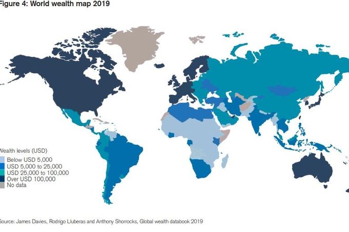 Mapa rozložení bohatství v roce 2019.