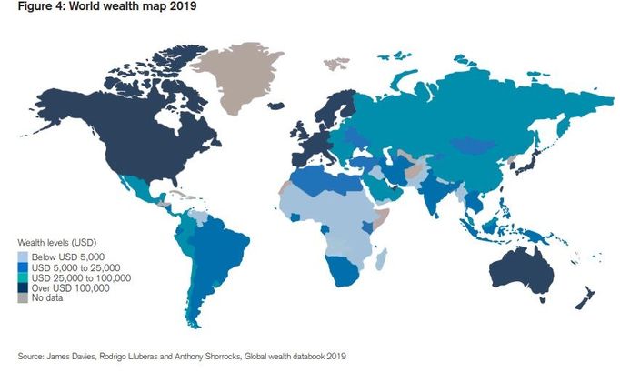 Mapa rozložení bohatství v roce 2019.