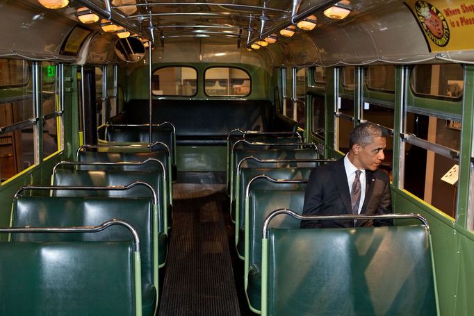 April 18, 2012 "We were doing an event at the Henry Ford Museum in Dearborn, Mich. Before speaking, the President was looking at some of the automobiles and exhibits adjacent to the event, and before I knew what was happening he walked onto the famed Rosa Parks bus. He sat in one of the seats, looking out the window for only a few seconds."