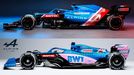 Porovnání monopostů F1 Alpine z roku 2021 (nahoře) a 2022