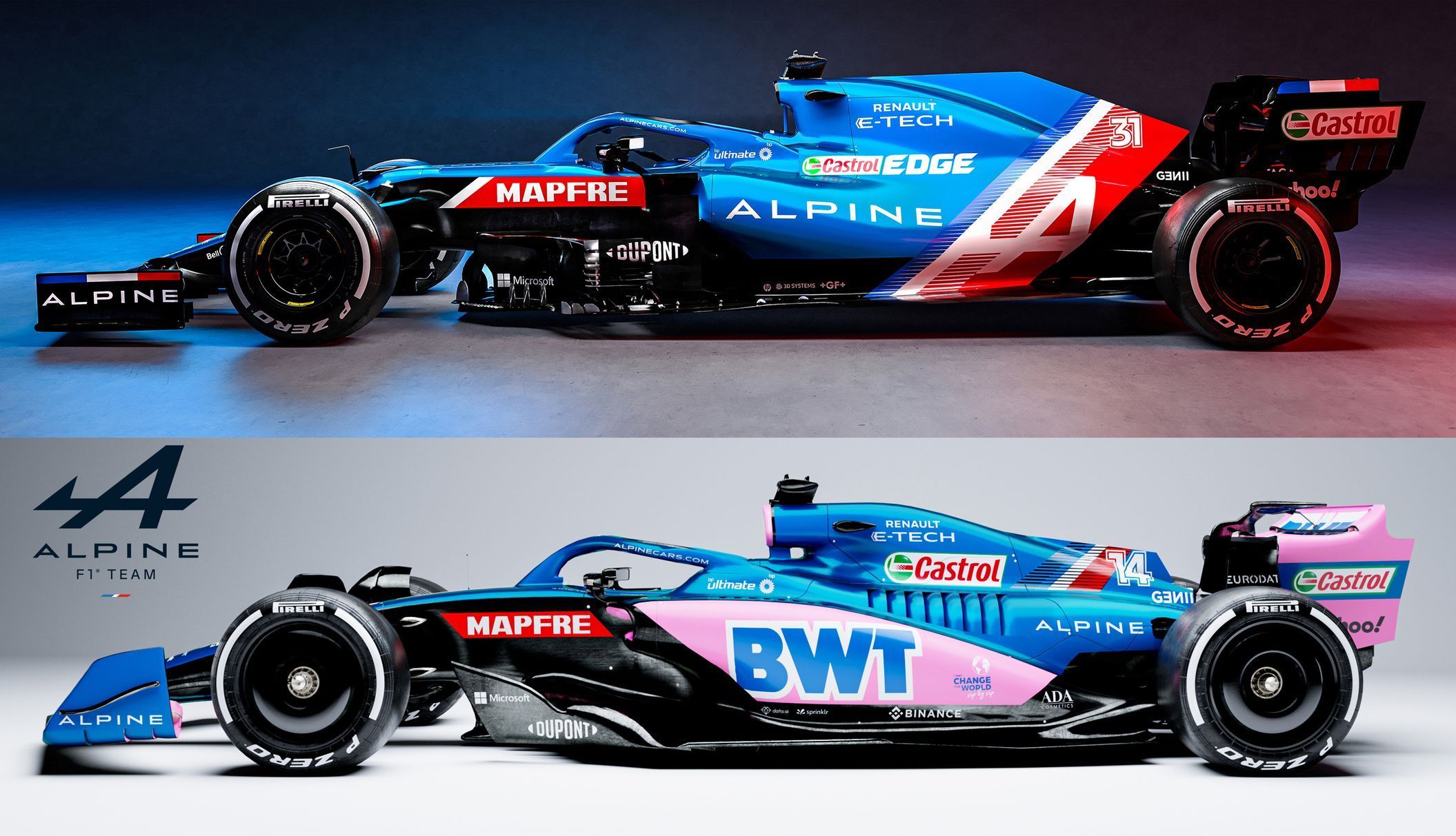 Porovnání monopostů F1 Alpine z roku 2021 (nahoře) a 2022