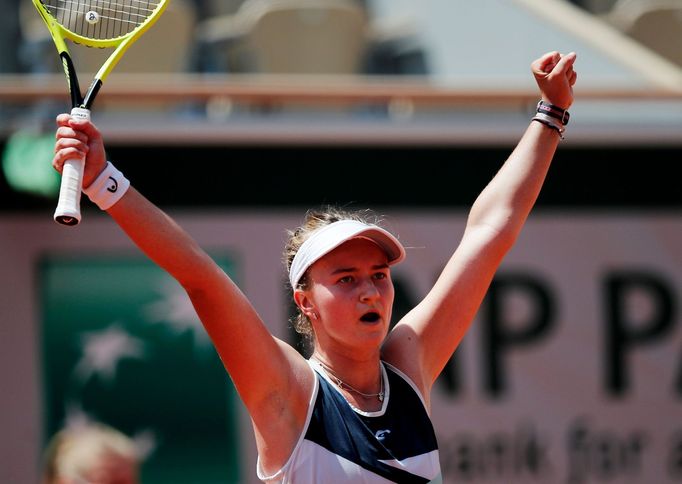 Tennis - French Open - Roland Garros, Paris, France - June 9, 2021 Czech Republic's Barbora Krejcikova reacts during her quarter final match against Cori Gauff of the U.S