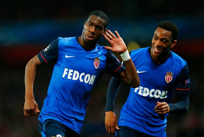 Football: Monaco's Geoffrey Kondogbia celebrates scoring their first goal with Anthony Martial