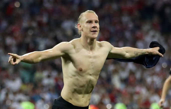 Domagoj Vida slaví gól v zápase Rusko - Chorvatsko na MS 2018