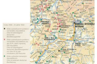 Historická mapa z roku 1940 zachycuje rozložení německého obyvatelstva na území středního Slovenska v okolí Bánské Bystrice.