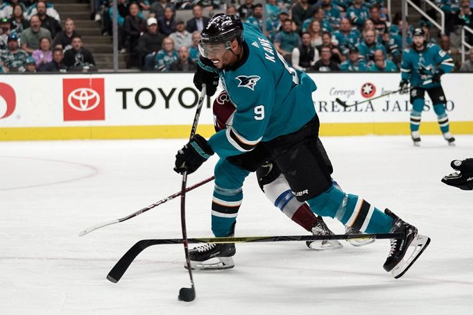 May 8, 2019; San Jose, CA, USA; San Jose Sharks left wing Evander Kane (9) shoots the puck against the Colorado Avalanche during the first period in game seven of the sec