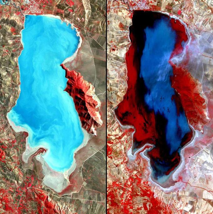 http://climate.nasa.gov/state_of_flux#Lakedegradation_Tunisia.jpg Lake degradation, Tunisia Ichkeul Lake, northern Tunisia. Left: November 14, 2001. Right: July 29, 2005; the water level is higher, but a large part of the lake appears red due to the presence of aquatic plants. Ichkeul Lake and wetlands are a major stopover point for hundreds of thousands of migrating birds who come to feed and nest. It is the last remaining lake in a chain that once extended across North Africa, and has badly deteriorated as a result of the construction of three dams on rivers supplying it and its marshes, which have cut off almost all inflow of freshwater. The Tunisian government plans to undertake various measures to retain freshwater in the lake on a year-round basis and reduce the salinity of the lake. Images taken by the Advanced Spaceborne Thermal Emission and Reflection Radiometer (ASTER) onboard NASA's Terra satellite. Credit: NASA/GSFC/METI/ERSDAC/JAROS and the U.S./Japan ASTER Science Team. Source: the ASTER gallery.