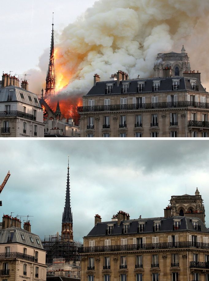 A combination picture shows smoke billowing as fire engulfs the spire of Notre Dame Cathedral in Paris, France, April 15, 2019 (top) and a view of the new spire, surmount