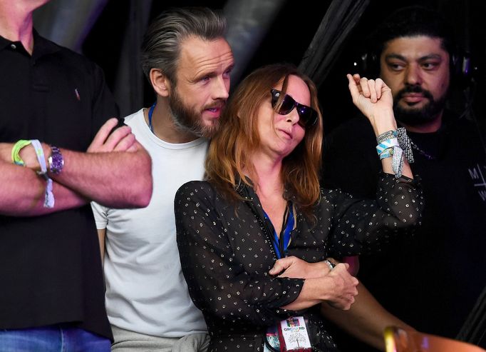 Stella McCartney dances as Pharrell Williams performs on the Pyramid stage at Worthy Farm in Somerset during the Glastonbury Festival