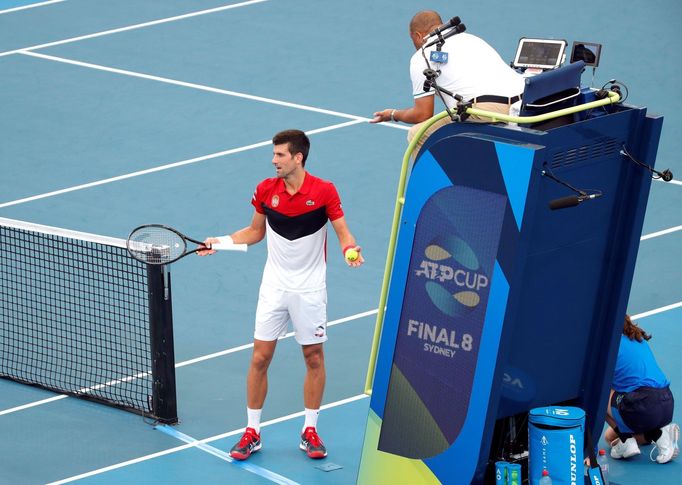 Tennis - ATP Cup - Ken Rosewall Arena, Sydney, Australia - January 10, 2020  Serbia's Novak Djokovic speaks with the umpire Carlos Bernardes during his Quarter Final sing