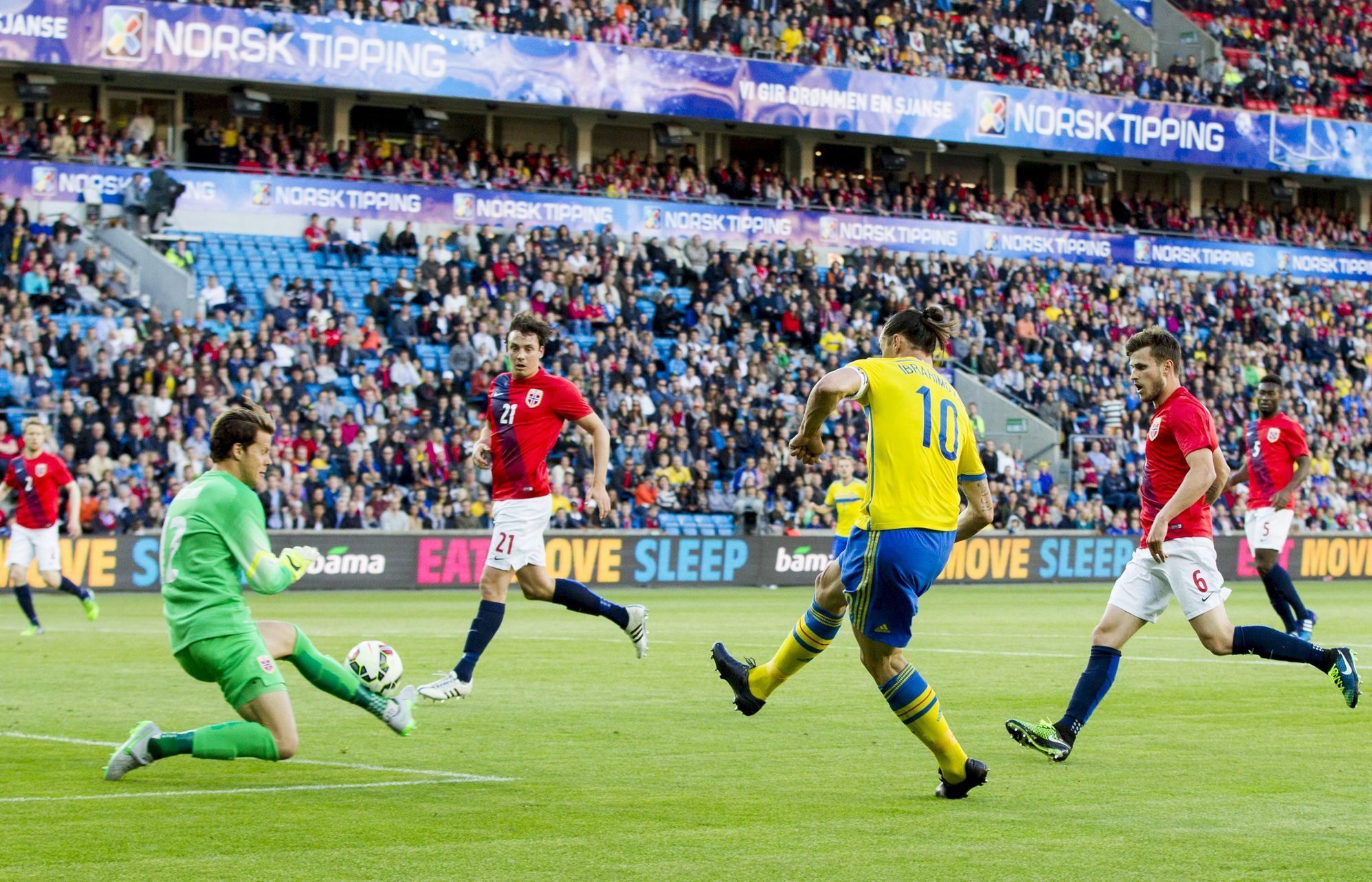 Norway's goalkeeper Nyland saves a shot by Sweden's captain Ibrahimovic during an international friendly soccer match between Norway and Sweden at Ullevaal Stadium in Oslo
