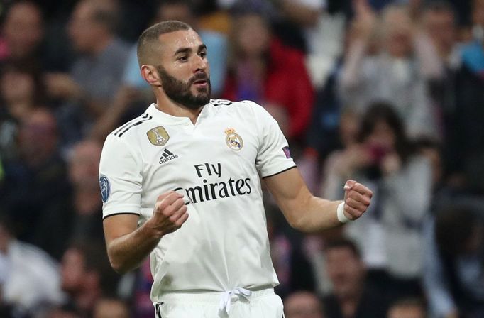 Karim Benzema slaví gól v zápase Ligy mistrů Real Madrid - Viktoria Plzeň.